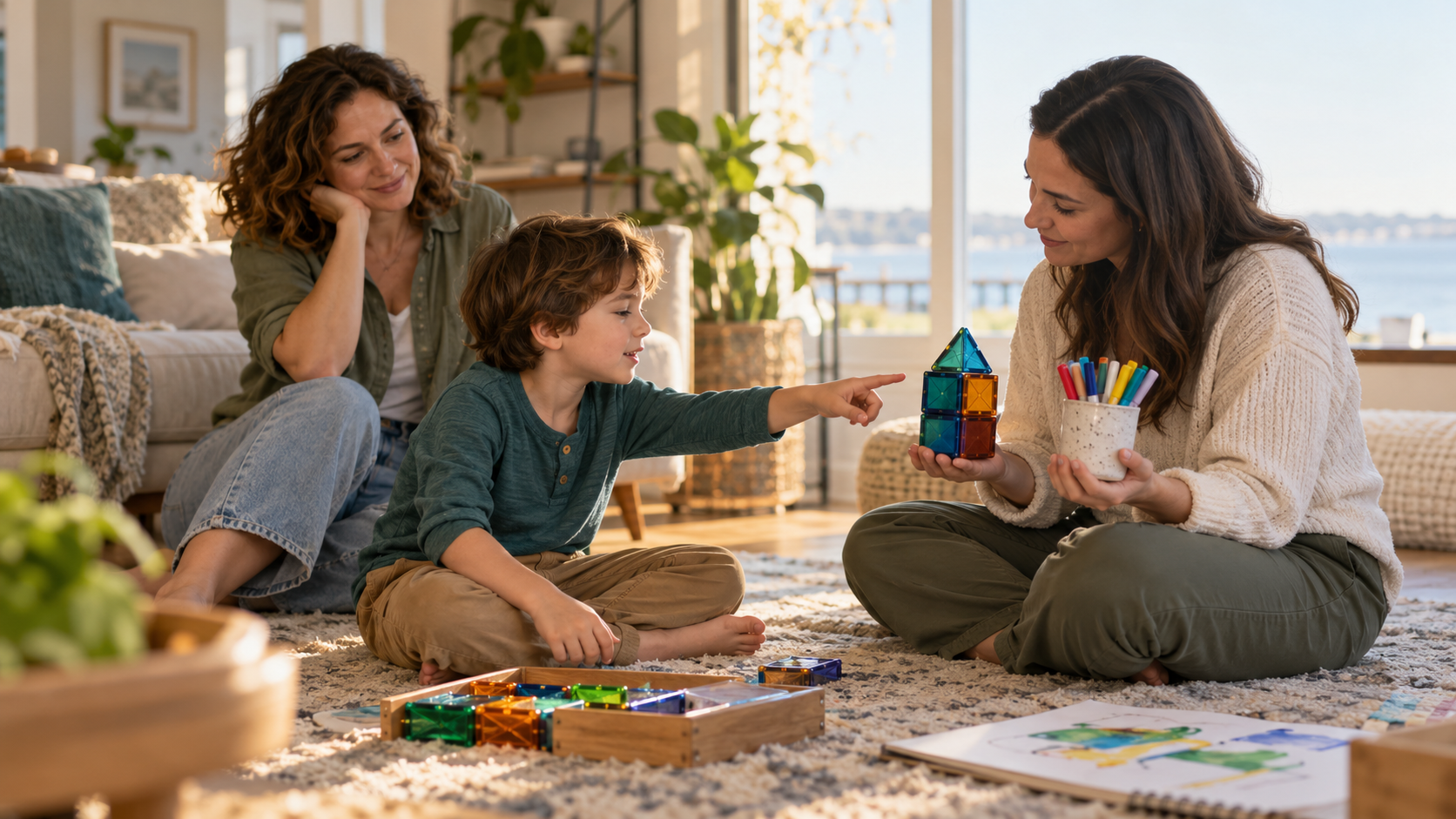 A child chooses colorful magnetic tiles while a caregiver and BCBA join in during a family-centered session at home